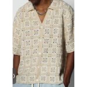Sandstone Mens Crochet Button Open Knit Festival Sweater Tan & white Large